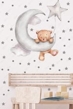 MSticker-Ayda Sallanan Sevimli Ayıcık Puantiye Ve Yıldızlar Çocuk Bebek Odası Sticker Seti
