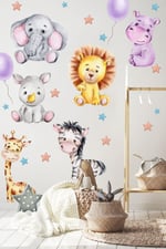 MSticker-Sevimli Hayvanlar Balon Ve Yıldızlar Çocuk Bebek Odası Sticker Seti