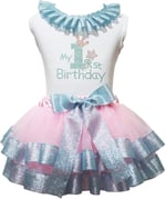 My 1st Birthday Beyaz Gömlek Pembe Mavi Petal Etek Seti Nb-2y, pinguin gri, 3-12 Months