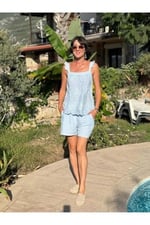 NC31211 Nakışlı Omuz Fırfırlı Keten İtalyan Şortlu Takım Bebemavi