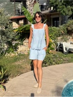 NC31211 Nakışlı Omuz Fırfırlı Keten İtalyan Şortlu Takım Bebemavi