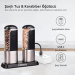 Neo Şarjlı Stantlı Karabiber, Tuz Öğütücü, Şarjlı Otomatik Tuz Öğütücü, 3 Kademe Ayarlı Baharat Değirmeni, LED Işıklı Tuzluk & Biberlik, Portatif Her Alana Uygun Kullanım