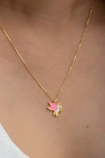 NEREZE 925 Ayar Gümüş Gold Pembe Mineli Unicorn Kolye