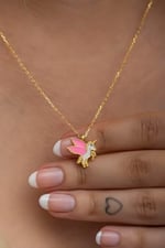 NEREZE 925 Ayar Gümüş Gold Pembe Mineli Unicorn Kolye