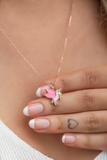NEREZE 925 Ayar Gümüş Rose Pembe Mineli Unicorn Kolye