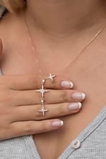 NEREZE 925 Ayar Gümüş Rose Zirkon Taşlı 3'Lü Kutup Yıldızı Kolye