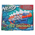 NERF DinoSquad Stego Smash dart blaster, 4 dart saklama, gergi kolu, 5 NERF dart, dinozor tasarımı, stegosaurus dişleri