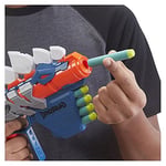 NERF DinoSquad Stego Smash dart blaster, 4 dart saklama, gergi kolu, 5 NERF dart, dinozor tasarımı, stegosaurus dişleri
