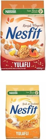 Nestlé Nesfit Tam Tahıllı Karışık Meyveli Mısır Gevreği, 400 g & Nestlé Nesfit Ballı ve Bademli Tam Tahıl ve Pirinç Gevreği 400 g