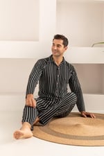 Nisanca Erkek Jakarlı Düğmeli Pamuk Pijama Takımı- Çizgili Erkek Pijama