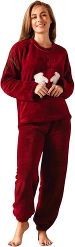 Nisanca Tam Peluş Kışlık Kadın Pijama Takımı- Polar Yılbaşı Pijaması