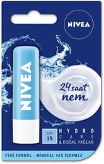 NIVEA Hydro Care Dudak Bakım Kremi, 24 Saat Nem, Aloe Vera, Saf Su ve Doğal Yağlar, SPF 15, Gün Boyu Dudak Bakımı (4,8g)