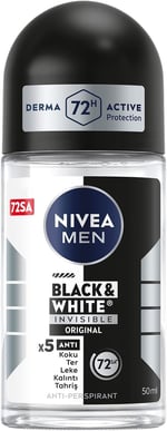 NIVEA MEN Erkek Roll On Deodorant Black&White Invisible Original 50 ml,72 Saat Anti-perspirant Terleme ve Ter Kokusuna Karşı Koruma,Giysilerde Leke Karşıtı,Erkeksi Koku,Etil Alkol İçermez