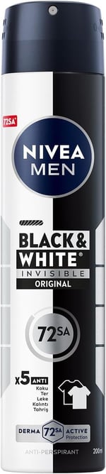 NIVEA MEN Erkek Sprey Deodorant Black&White Invisible Original 200 ml, 72 Saat Anti-perspirant Ter Koruması,Ekonomik Boy