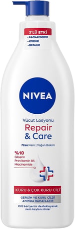 NIVEA Yoğun Nemlendirici Repair & Care Vücut Losyonu 400ml, 72 Saat Nemlendirime, Kaşıntılı ve Hassas Ciltlere Özel, Onarıcı, Gliserin,Pro Vitamin B5,Niasinamid,Kuru Ciltler