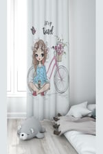 ontheclouds Bisikletli Kız Desenli Dijital Baskı Fon Perde, 70 x 200, FONPRD8, krem-mavi