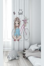 ontheclouds Bisikletli Kız Desenli Dijital Baskı Fon Perde, 70 x 200, FONPRD8, krem-mavi
