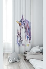 ontheclouds Unicorn Desenli Dijital Baskı Bebek Çocuk Fon Perde, 140 x 240, FONPRD11, beyaz-mor