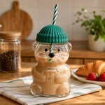 Orret Home 580 ML Ayıcık Desenli Cam Bardak Pipetli Silikon Kapaklı Soğuk Kahve Bardağı Şeffaf Cam Kupa Sevimli Ayıcık Bardak Bubble Tea Smoothie Milkshake Meyve Suyu İçecek Bardağı Çocuk ve Yetişkin