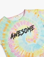 Oversize Tişört Batik Desenli Slogan Baskılı Kısa Kollu