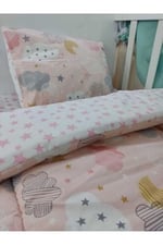 Pamuklu Bebek Çocuk Yatak Takımı, 80x130 cm, Somon Ay Bulut Pembe Yıldızlı