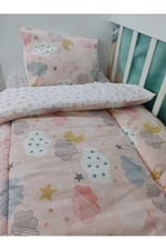 Pamuklu Bebek Çocuk Yatak Takımı, 80x130 cm, Somon Ay Bulut Pembe Yıldızlı