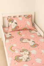 Pamuklu Bebek ve Çocuk Lastikli Çarşaf ve Yastık Kılıfı Seti, 70x130 cm, Pembe Unicorn
