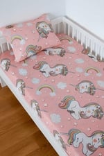 Pamuklu Bebek ve Çocuk Lastikli Çarşaf ve Yastık Kılıfı Seti, 70x130 cm, Pembe Unicorn