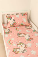 Pamuklu Bebek ve Çocuk Lastikli Çarşaf ve Yastık Kılıfı Seti, 70x130 cm, Pembe Unicorn