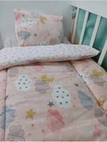 Pamuklu Çocuk Yatak Takımı 100x200 cm, Montessori Uyumlu, Somon Ay Bulut Pembe Yıldızlı, Yorgan Çarşaf Yastık Seti