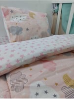 Pamuklu Çocuk Yatak Takımı 100x200 cm, Montessori Uyumlu, Somon Ay Bulut Pembe Yıldızlı, Yorgan Çarşaf Yastık Seti