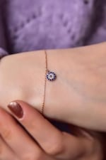 Papatya Silver 925 Ayar Gümüş Rose Kaplama Zirkon Taşlı Nazar Boncuğu Bileklik