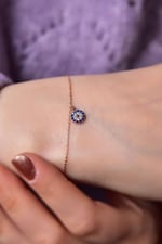Papatya Silver 925 Ayar Gümüş Rose Kaplama Zirkon Taşlı Nazar Boncuğu Bileklik