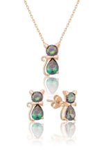 Papatya Silver 925 Ayar Mistik Topaz Taşlı Gümüş Kedi Küpe Kolye Set
