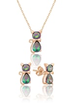 Papatya Silver 925 Ayar Mistik Topaz Taşlı Gümüş Kedi Küpe Kolye Set
