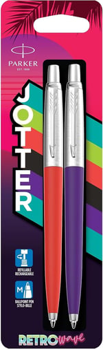 PARKER Jotter Originals Tükenmez Kalemler | Retrowave Koleksiyonu | Vermilion Kırmızı ve İndigo Moru | Mavi Mürekkep | Orta Nokta | 2 Adet