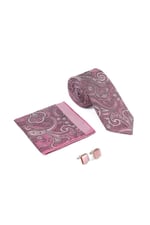 Pembe Şal Desen Kravat Mendil Kol Düğmesi Hediyelik Set