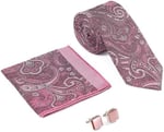 Pembe Şal Desen Kravat Mendil Kol Düğmesi Hediyelik Set