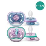 Philips Avent Ultra Air Emzik, Kız Bebekler için 6-18 Ay, 2’li Paket, Ortodontik Silikon, Geniş Hava Delikli, Mikrodalga Sterilize Edilebilir, BPA İçermez, Taşıma Kutulu, SCF085/61
