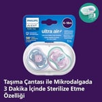 Philips Avent Ultra Air Emzik, Kız Bebekler için 6-18 Ay, 2’li Paket, Ortodontik Silikon, Geniş Hava Delikli, Mikrodalga Sterilize Edilebilir, BPA İçermez, Taşıma Kutulu, SCF085/61