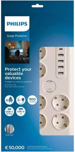 Philips SPN7060WA Akım Korumalı Priz 6'lı 900J 2m 4 USB 20W 1 Type-C 15W, Standart