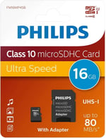 Philips Ultra Speed microSDHC Card 16 GB + SD adaptörü UHS-I U1, 80 MB/sn'ye kadar okuma hızı, A1 hızlı uygulama performansı, V10, akıllı telefonlar, tablet, bilgisa - Seçenekler: 16 GB, 32 GB, 128 GB