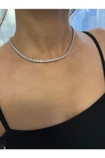 Pigna Aksesuar Swarovski Taşlı Özel Tarz Kare Su Yolu Kolye Kararmaz Çelik Silver Tek Ebat
