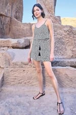 Pijama Pazarı Monamise 23047 Kadın Etnik Desen İp Askılı Kısa Tulum-Siyah SİYAH M