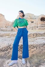 Pijama Pazarı Monamise 23090 Kadın Kısa Kollu 3'lü Crop Eşofman Takım-mavi MAVİ M