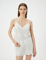 Pijama Üstü İnce Askılı V Yaka İşlemeli Düğmeli