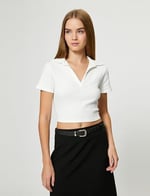 Polo Neck Crop T-Shirt Short Sleeve Ribbed Cotton