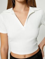 Polo Neck Crop T-Shirt Short Sleeve Ribbed Cotton