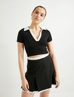 Polo Yaka Crop Tişört Renk Kontrastlı Kısa Kollu Slim Fit