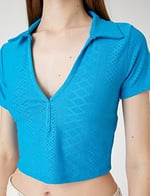 Polo Yaka Crop Tişört Uzun Kollu